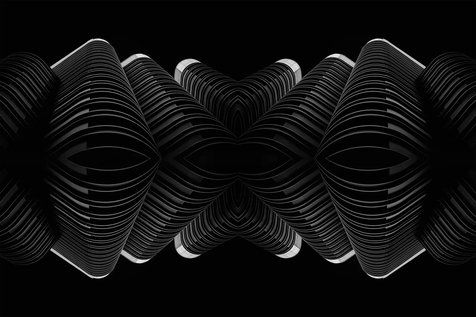 Dark symmetrical curved geometric forms create a layered abstract pattern.