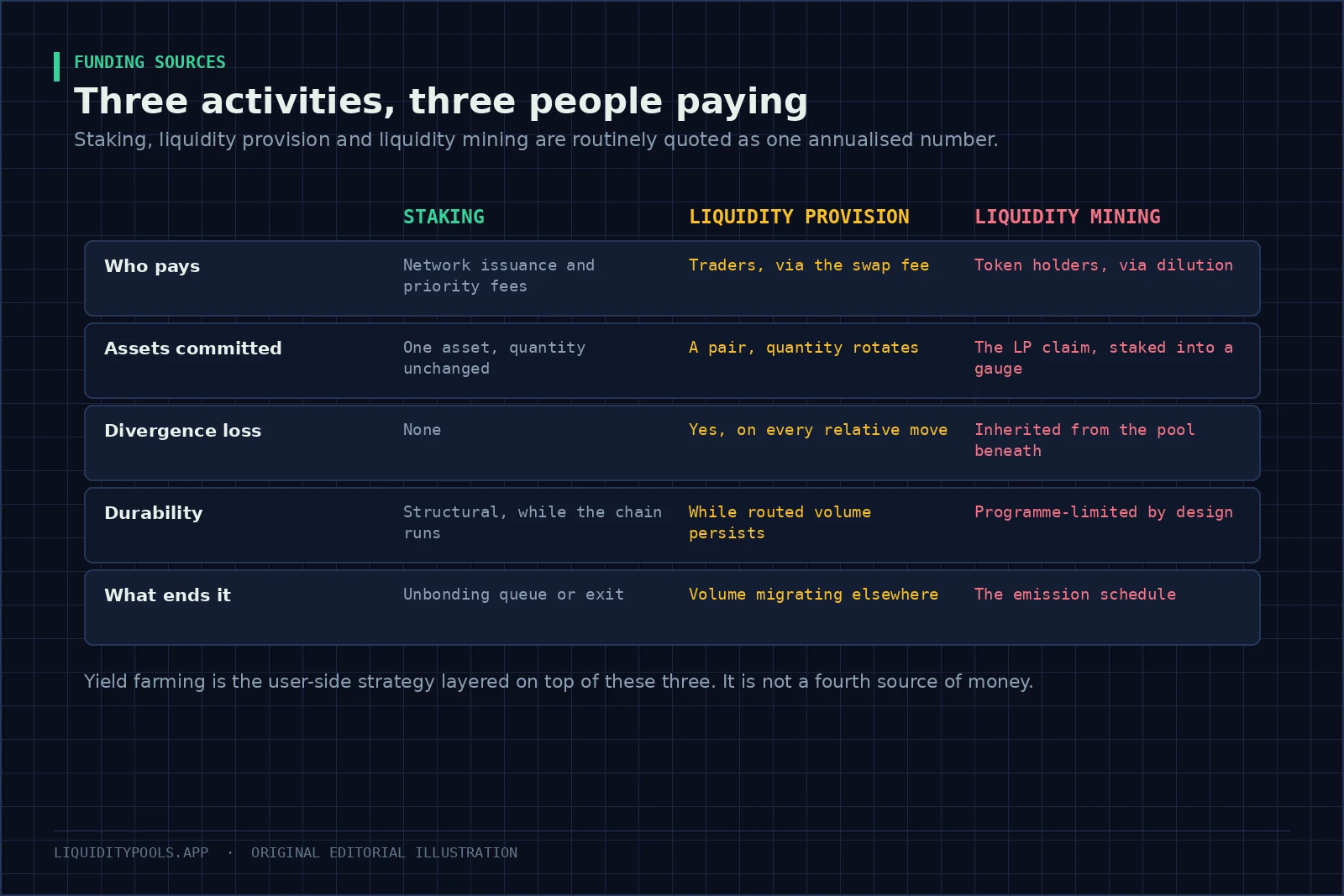 Three columns comparing staking, liquidity provision and farming by funding source, risk and management cost.