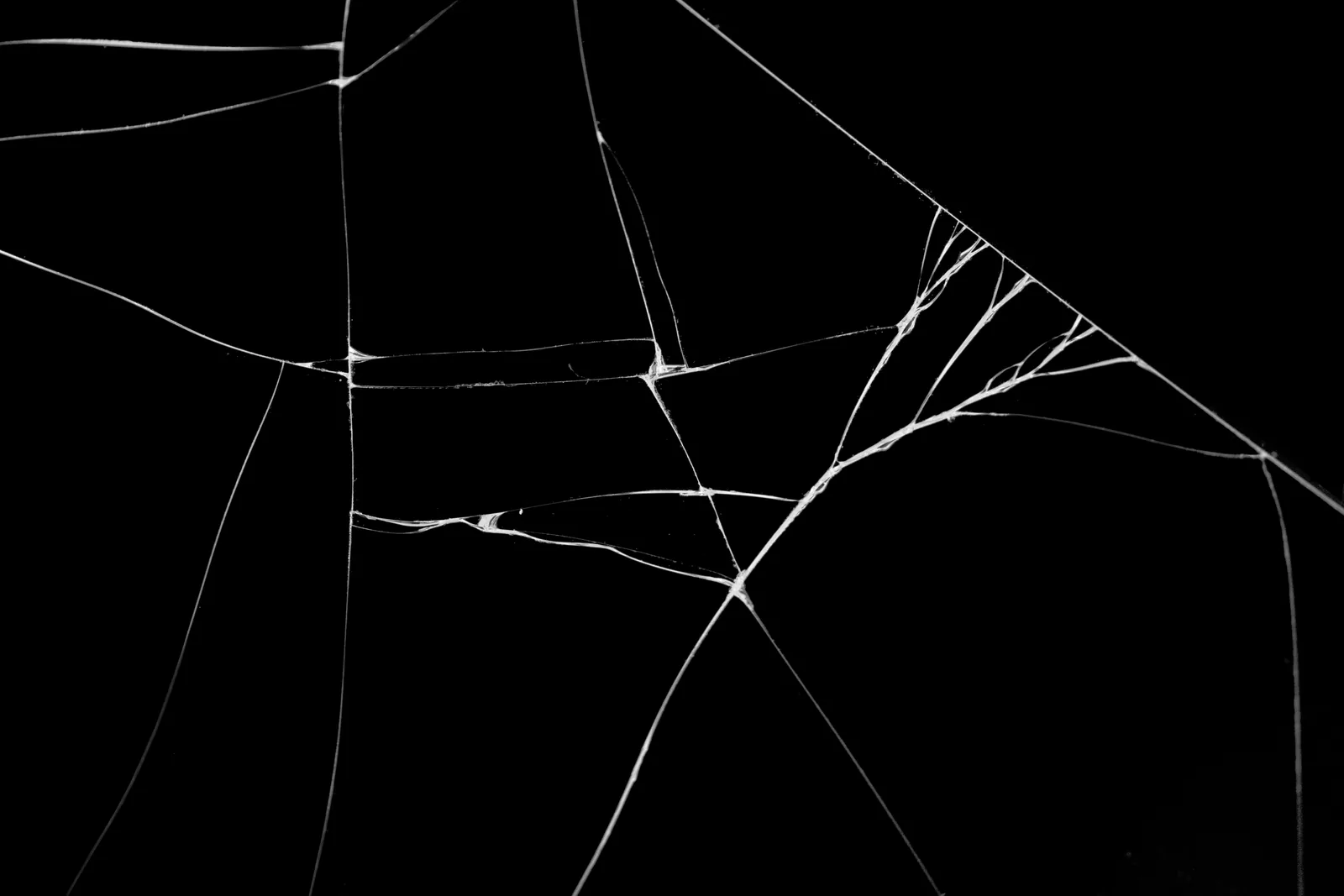 Intricate white cracks across black glass