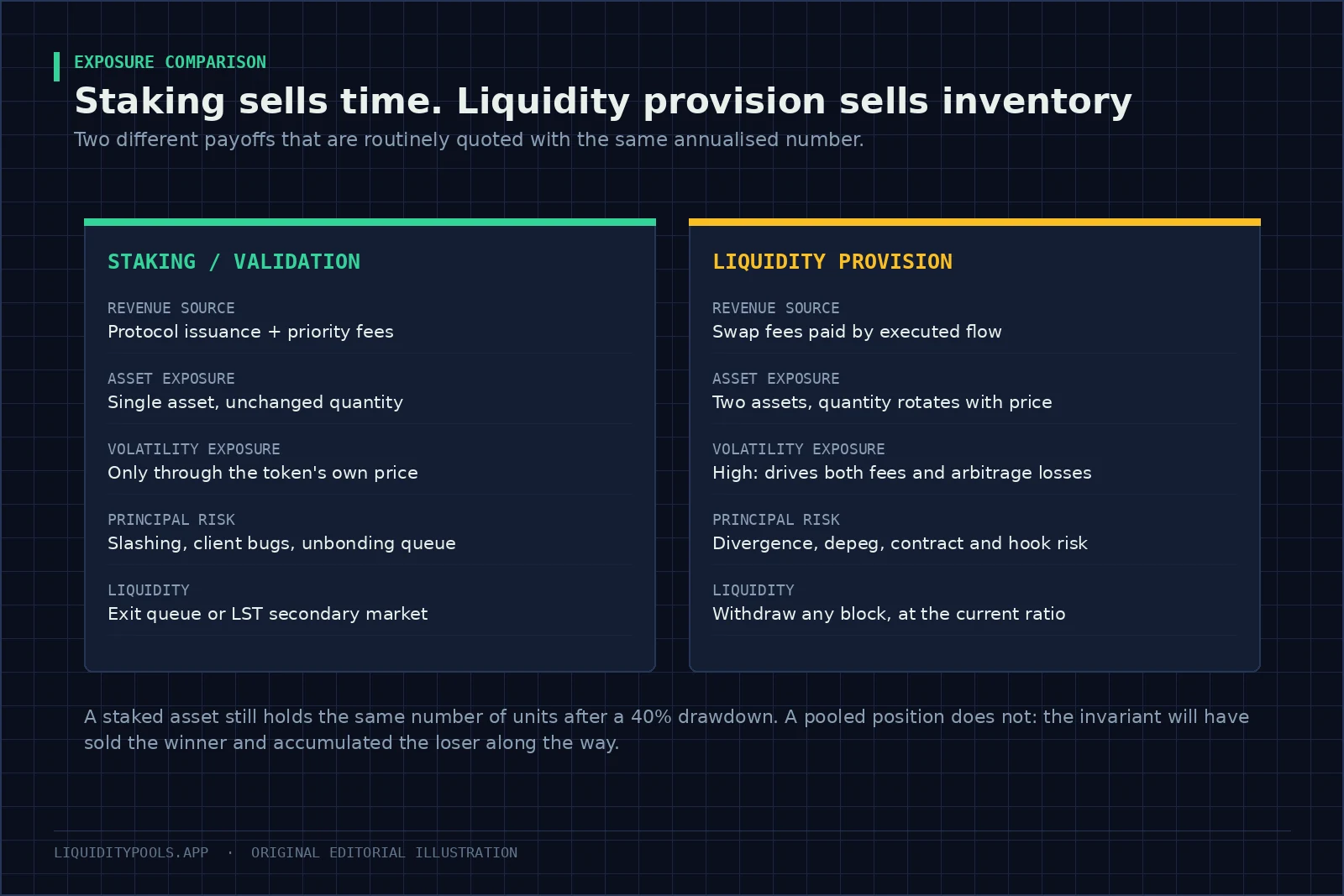 Two columns comparing staking and liquidity provision across revenue source, asset exposure, volatility exposure, principal risk and liquidity.