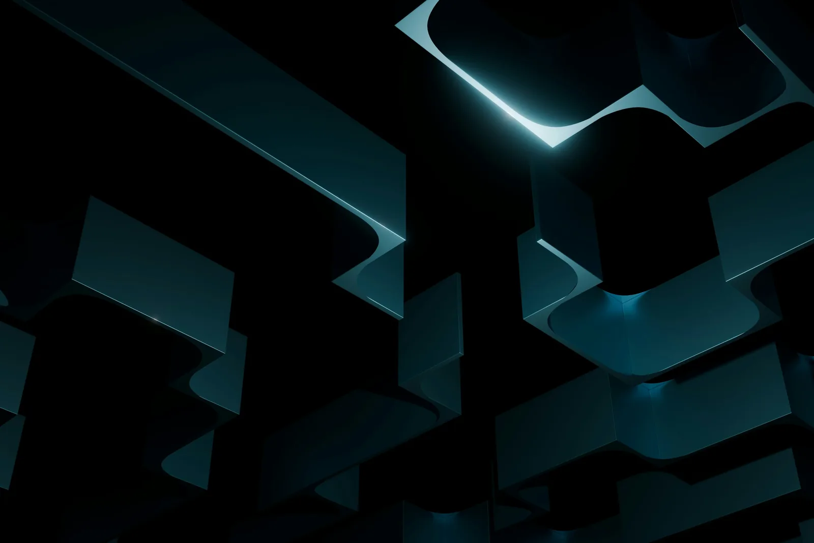 Dark blue geometric forms with glowing angular edges