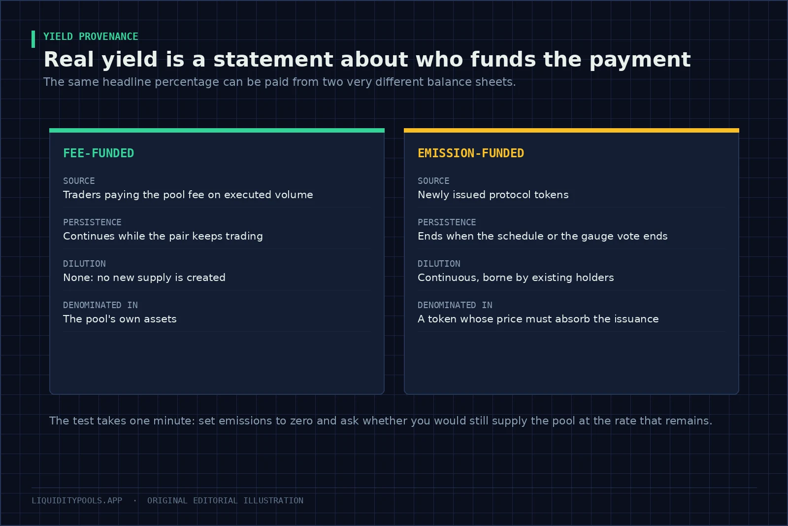 Two panels comparing fee-funded and emission-funded yield across source, persistence, dilution and denomination.