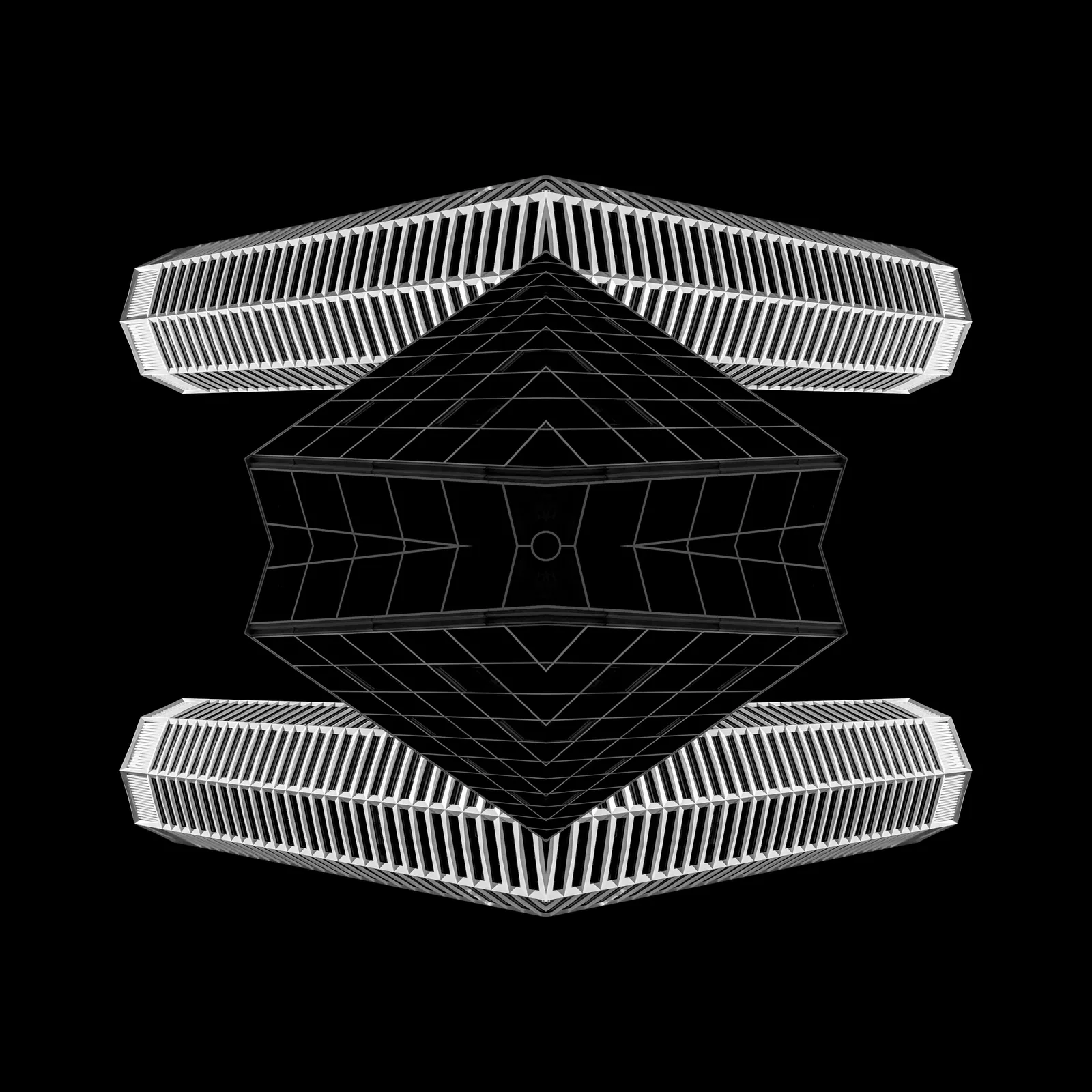 Symmetrical dark geometric architecture with layered illuminated forms